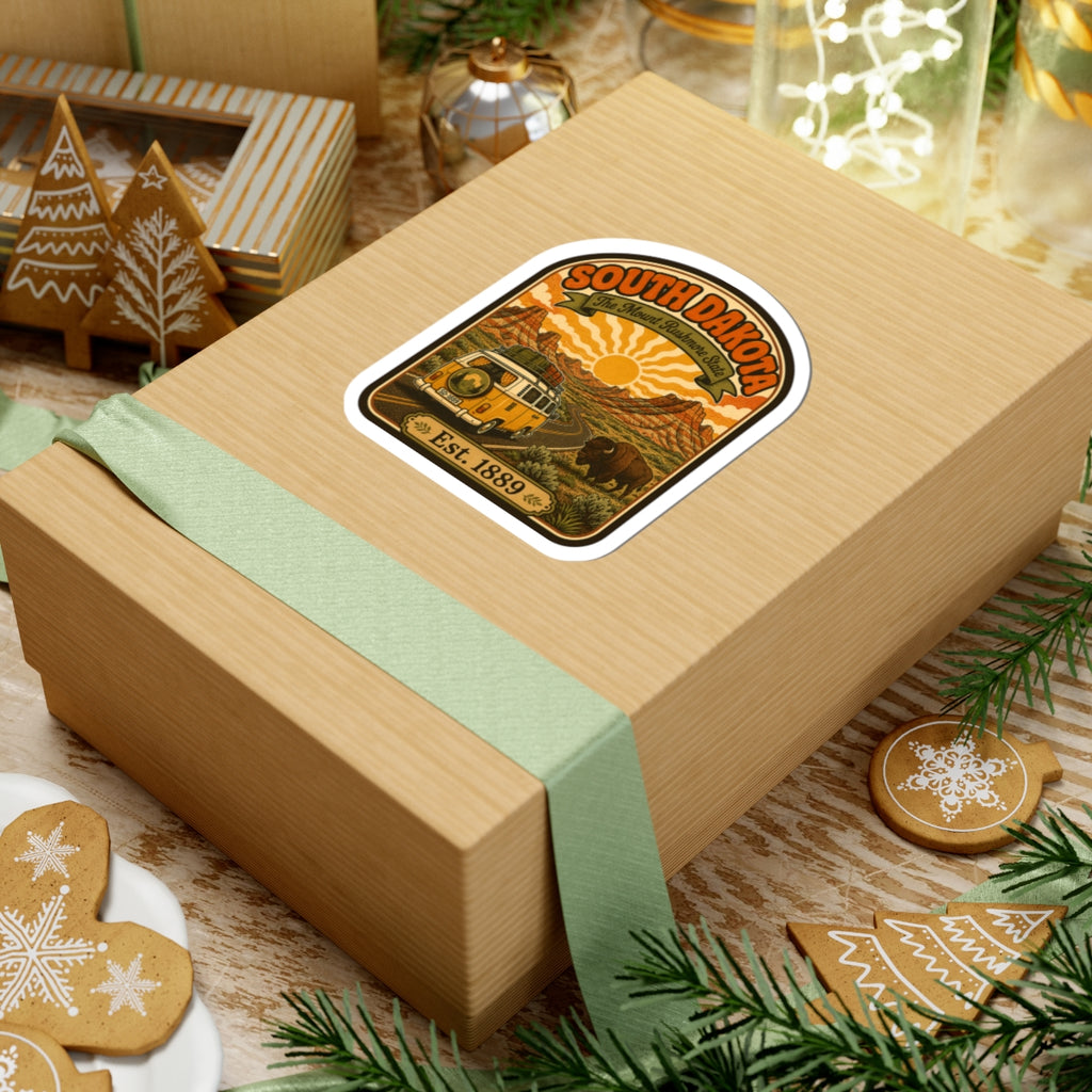 Die-cut South Dakota roadtrip decal with vintage scenery, buffalo, sun, and Est. 1889.