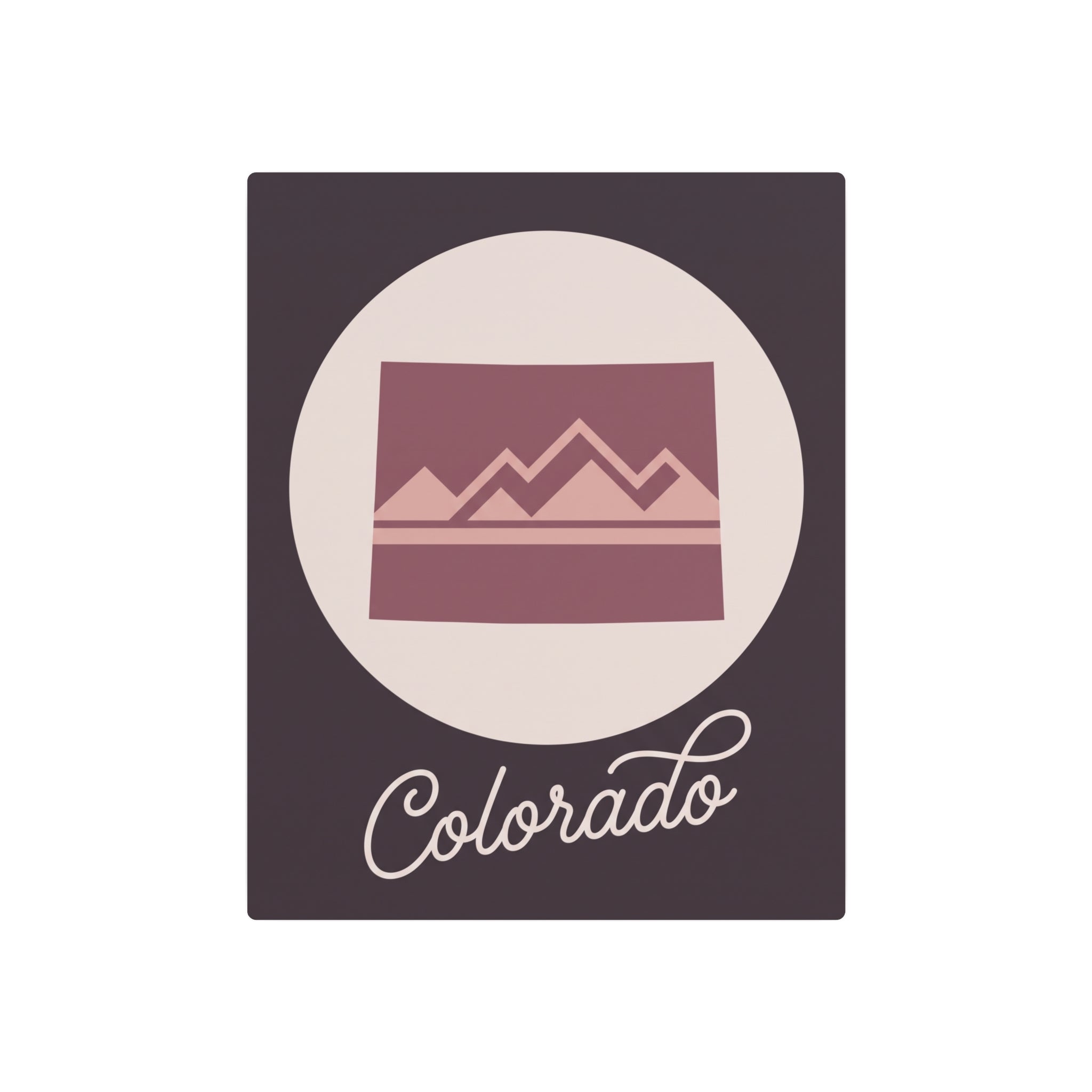 Mauve square Colorado mountain metal wall art with cream circle and cursive "Colorado"