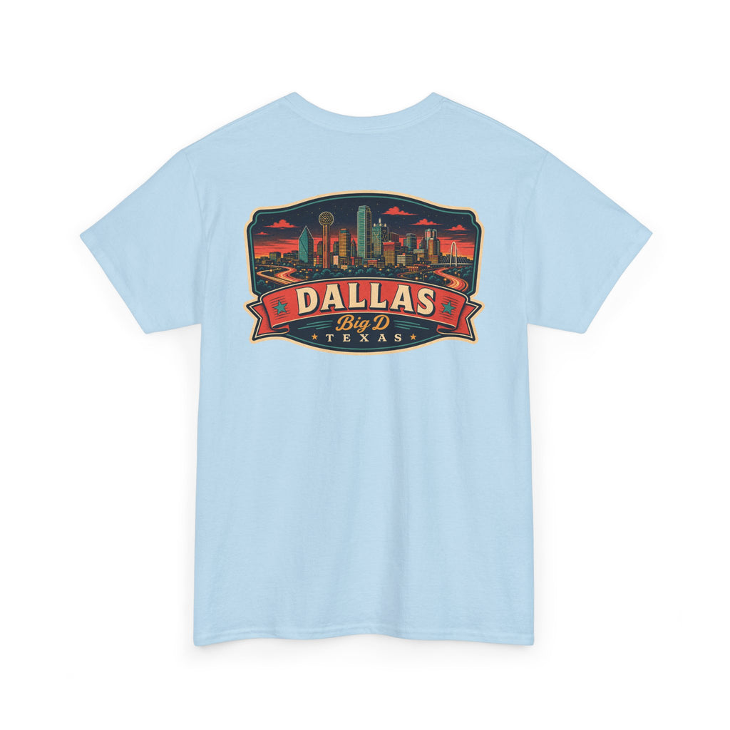 Light blue crewneck T-shirt with Dallas skyline luggage tag graphic on chest