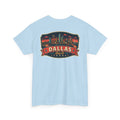 Light blue crewneck T-shirt with Dallas skyline luggage tag graphic on chest