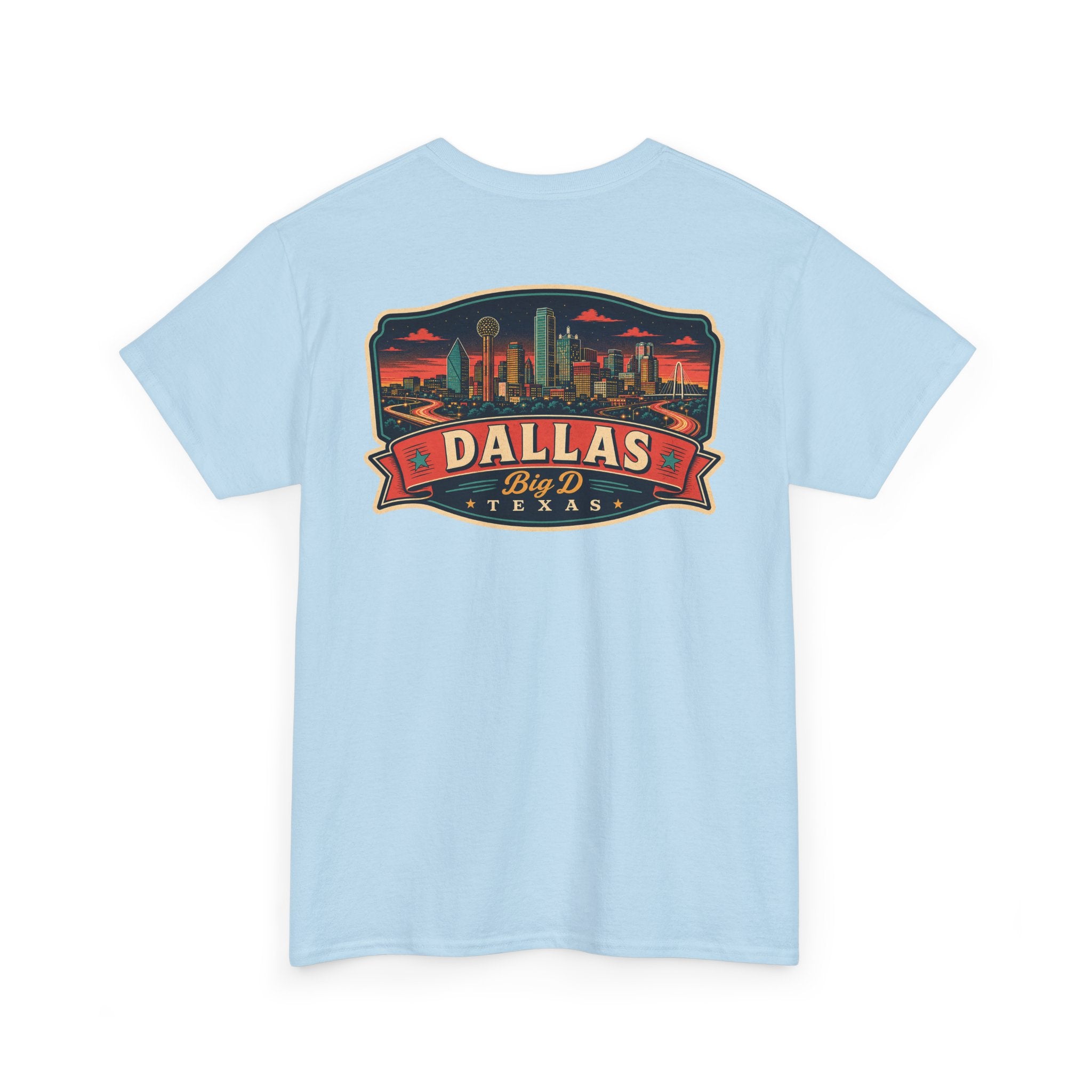 Light blue crewneck T-shirt with Dallas skyline luggage tag graphic on chest