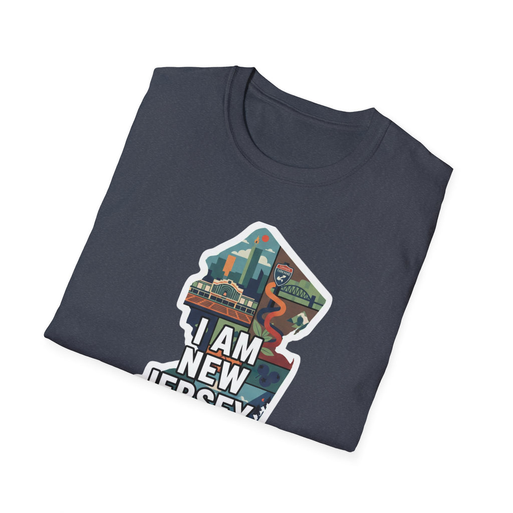 Dark heather gray T-shirt with front graphic of New Jersey outline and I AM NEW JERSEY text