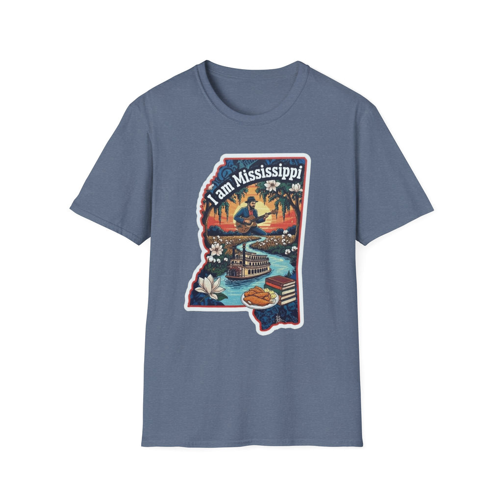 Dusty blue T-shirt with Mississippi state silhouette graphic, riverboat and magnolia print