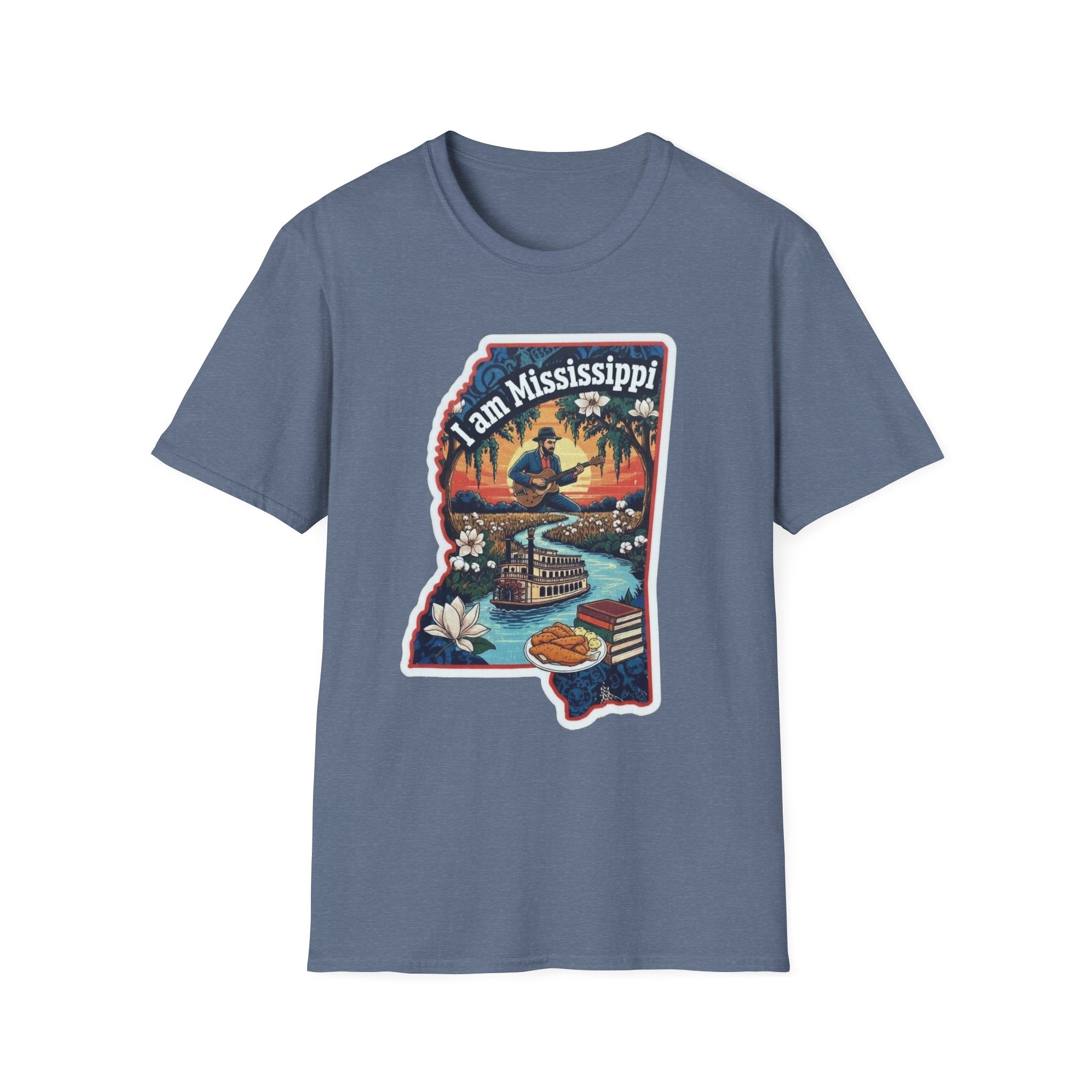 Dusty blue T-shirt with Mississippi state silhouette graphic, riverboat and magnolia print