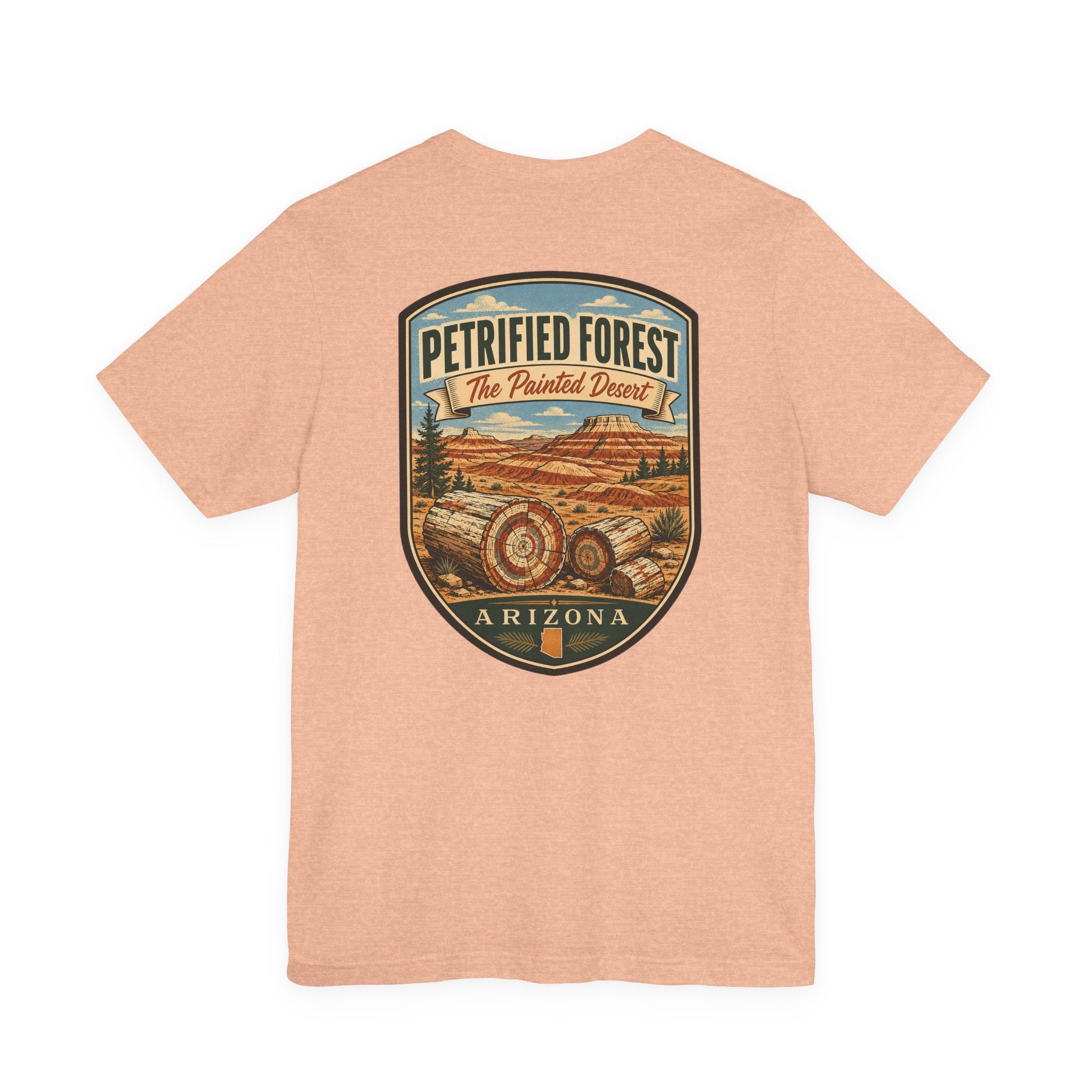 Peach T-shirt with Petrified Forest Arizona shield landscape graphic