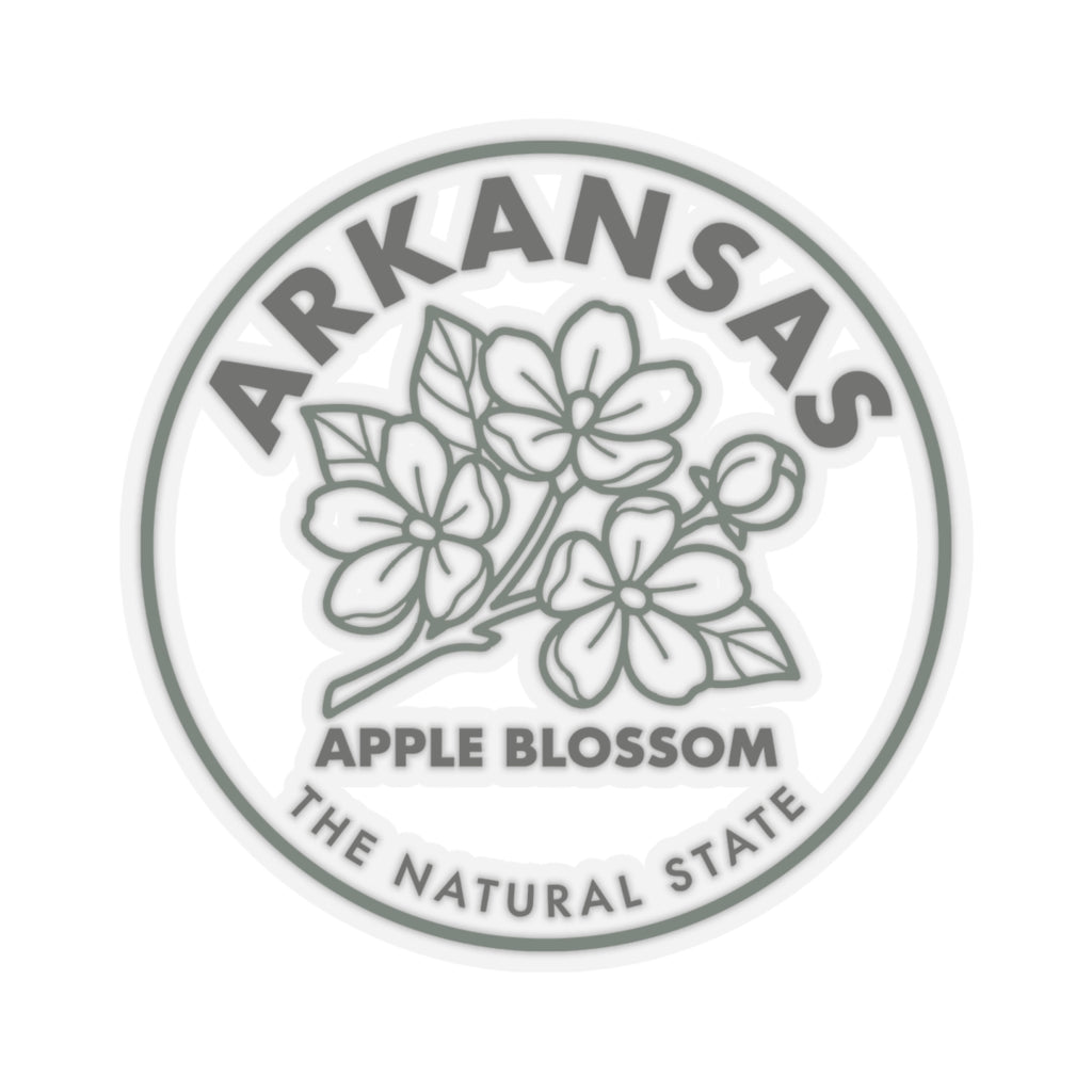 Circular Arkansas apple blossom decal with gray border, blossoms, and “THE NATURAL STATE.”