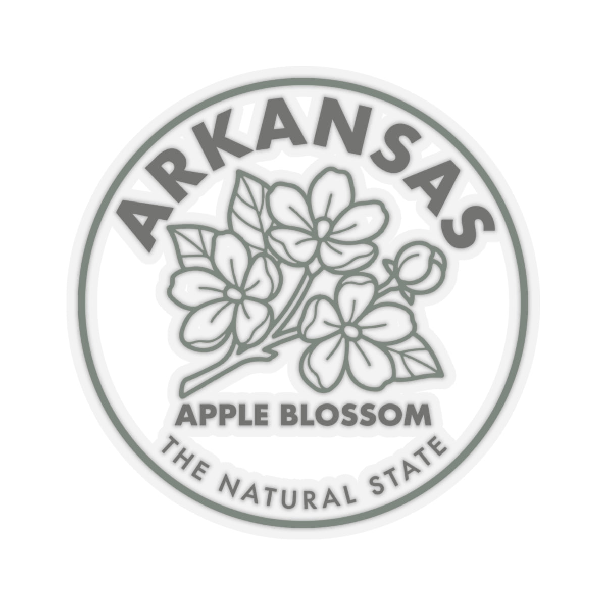 Circular Arkansas apple blossom decal with gray border, blossoms, and “THE NATURAL STATE.”