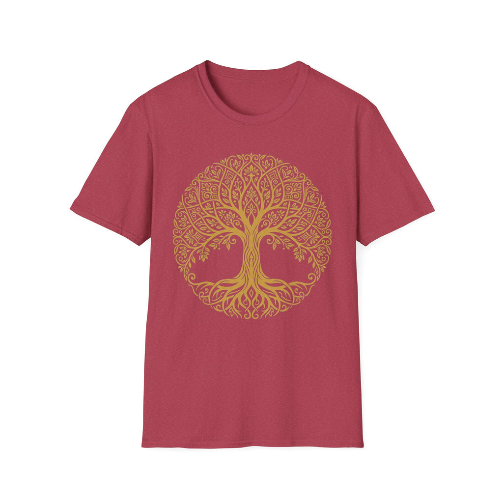 Gold Tree of Life T-shirt, Celtic mandala tree graphic on dark red tee