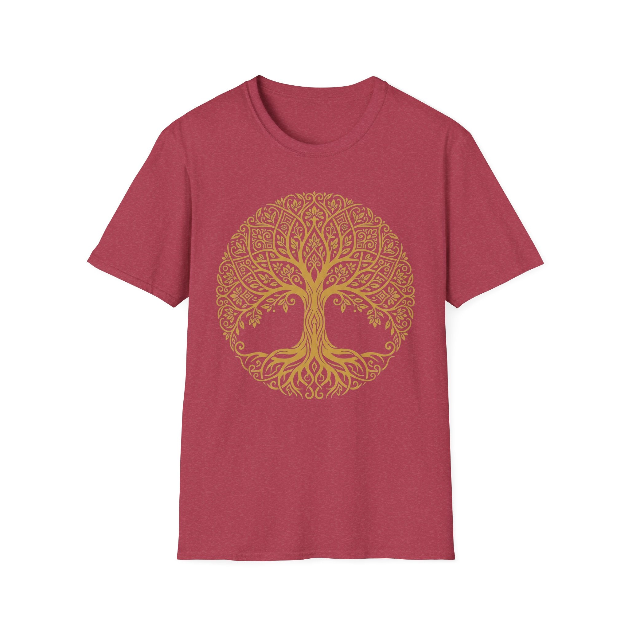 Gold Tree of Life T-shirt, Celtic mandala tree graphic on dark red tee