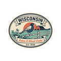 Circular Wisconsin badge sticker showing robin, fence, flowers, and “Est. 1848” text; “WISCONSIN”.