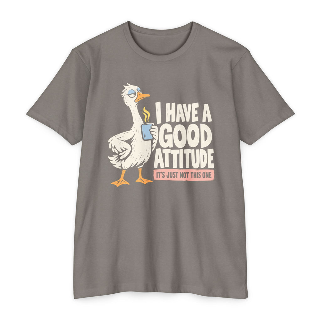 Graphic coffee-themed goose T-shirt, gray, 'Have a good attitude' slogan print