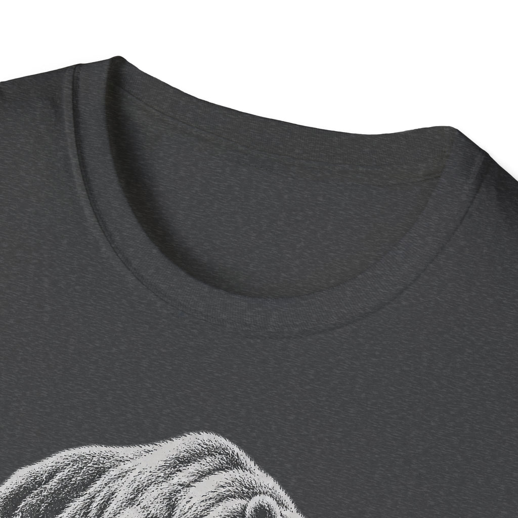 Dark heather crewneck T-shirt with partial grayscale bear graphic near hem