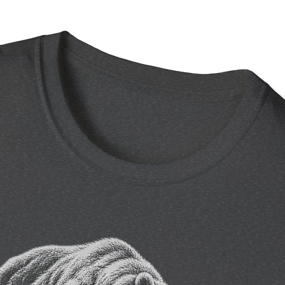 Dark heather crewneck T-shirt with partial grayscale bear graphic near hem