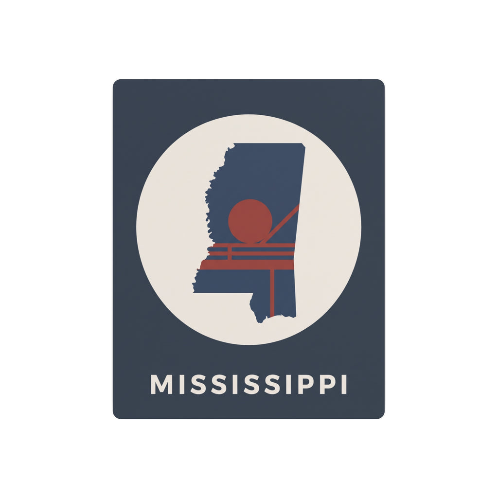 Mississippi metal art sign: square dark blue with circular silhouette and “MISSISSIPPI” text.
