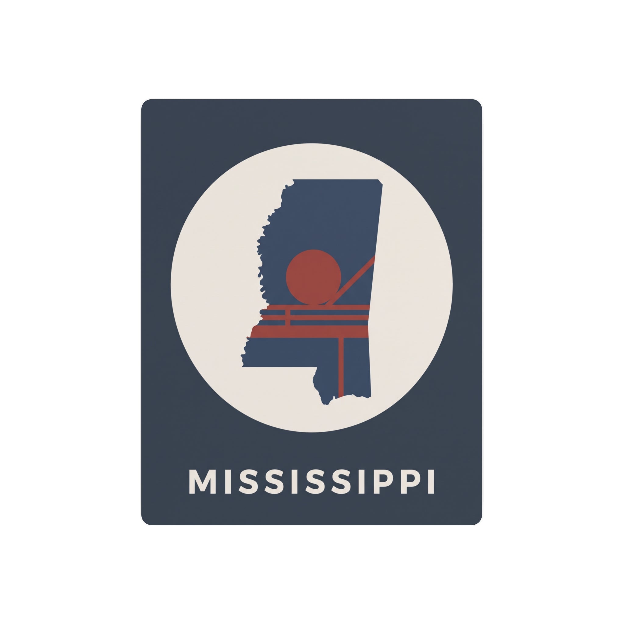 Mississippi metal art sign: square dark blue with circular silhouette and “MISSISSIPPI” text.