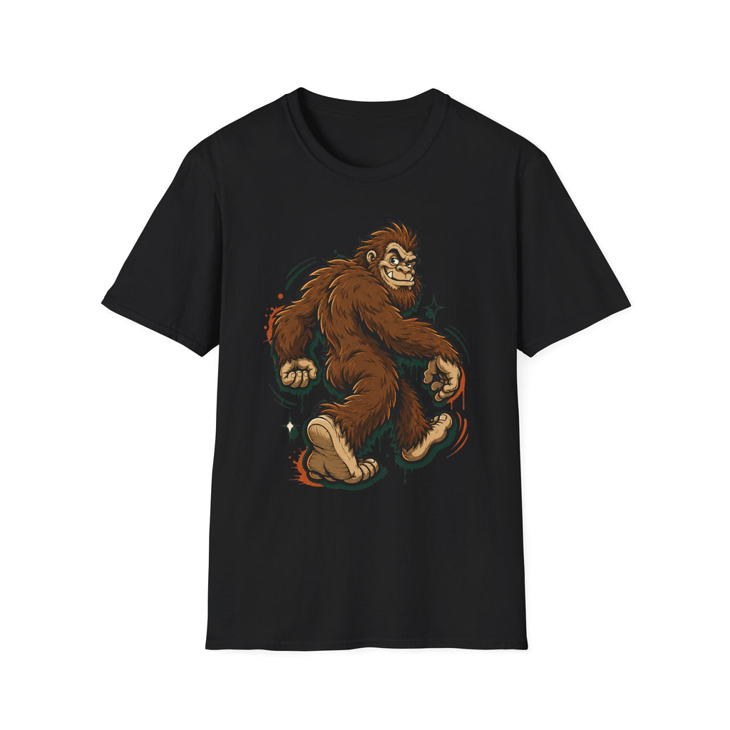 Black crewneck t-shirt with brown bigfoot cartoon graphic, front view