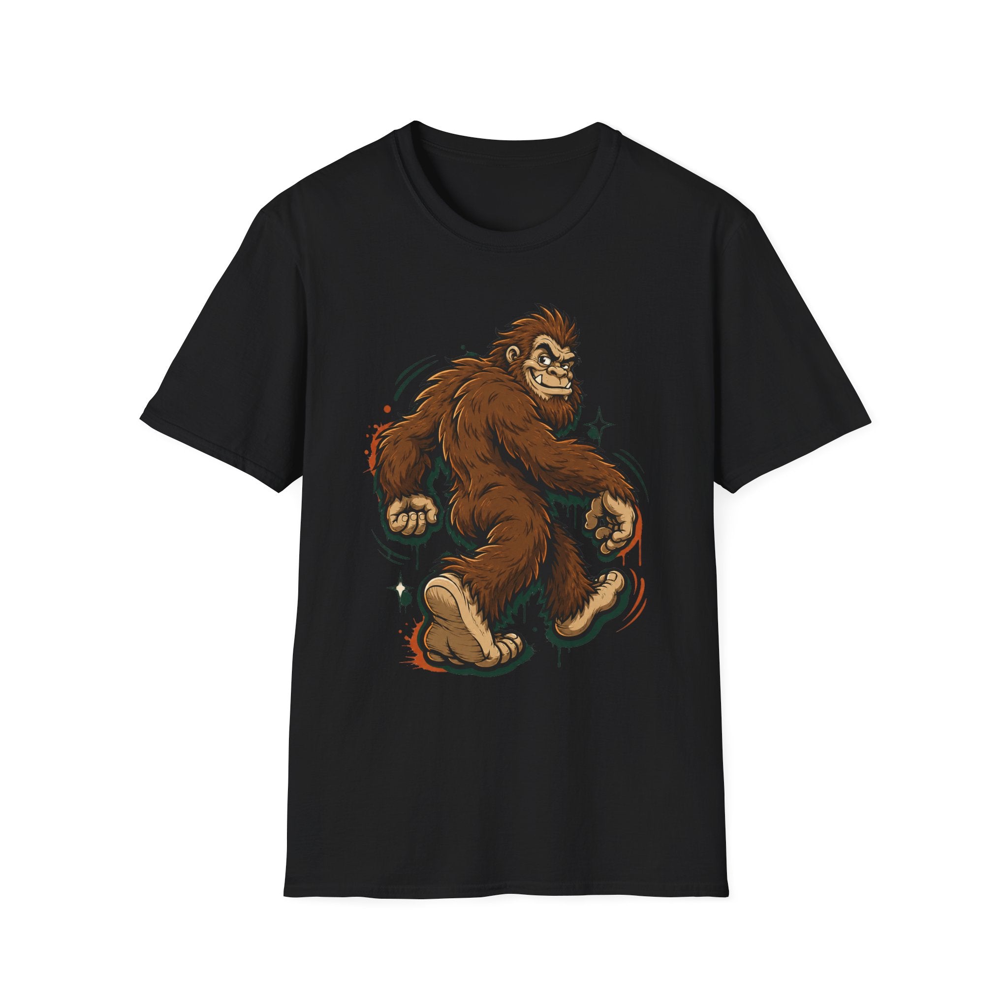 Black crewneck t-shirt with brown bigfoot cartoon graphic, front view