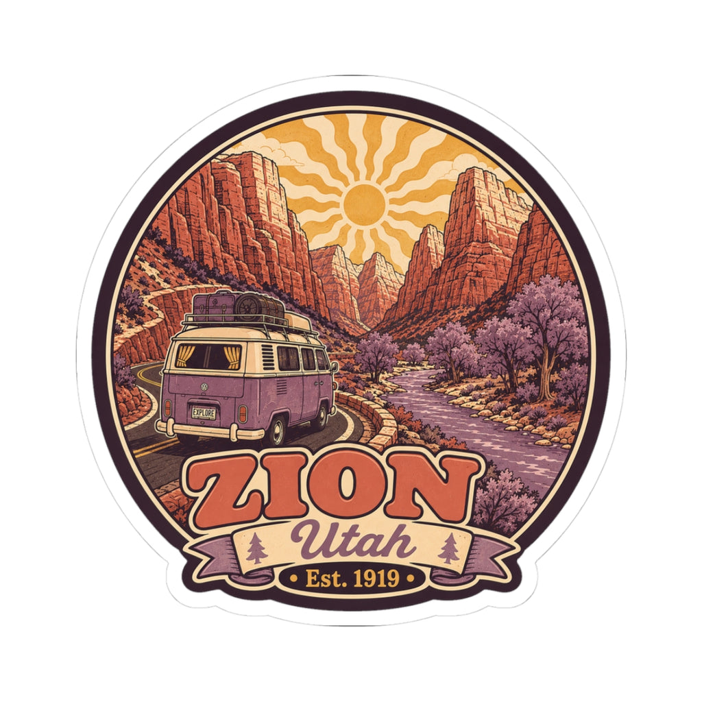 Round Zion Utah sticker with purple camper van, red canyon rocks, and 'Est. 1919' text