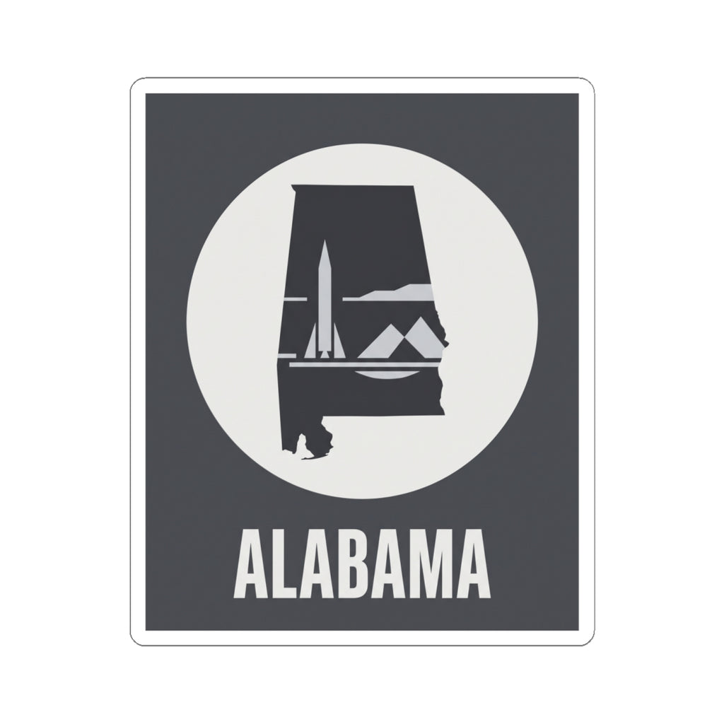 Square Alabama outline vinyl sticker featuring white circle emblem and “ALABAMA” lettering
