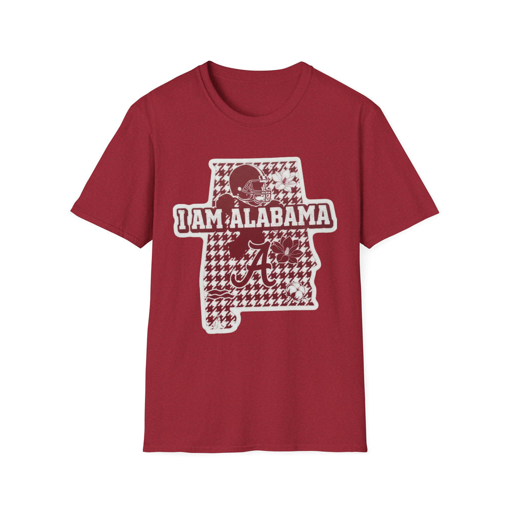 I Am Alabama houndstooth graphic T-shirt, Antique Cherry Red, maroon state graphic