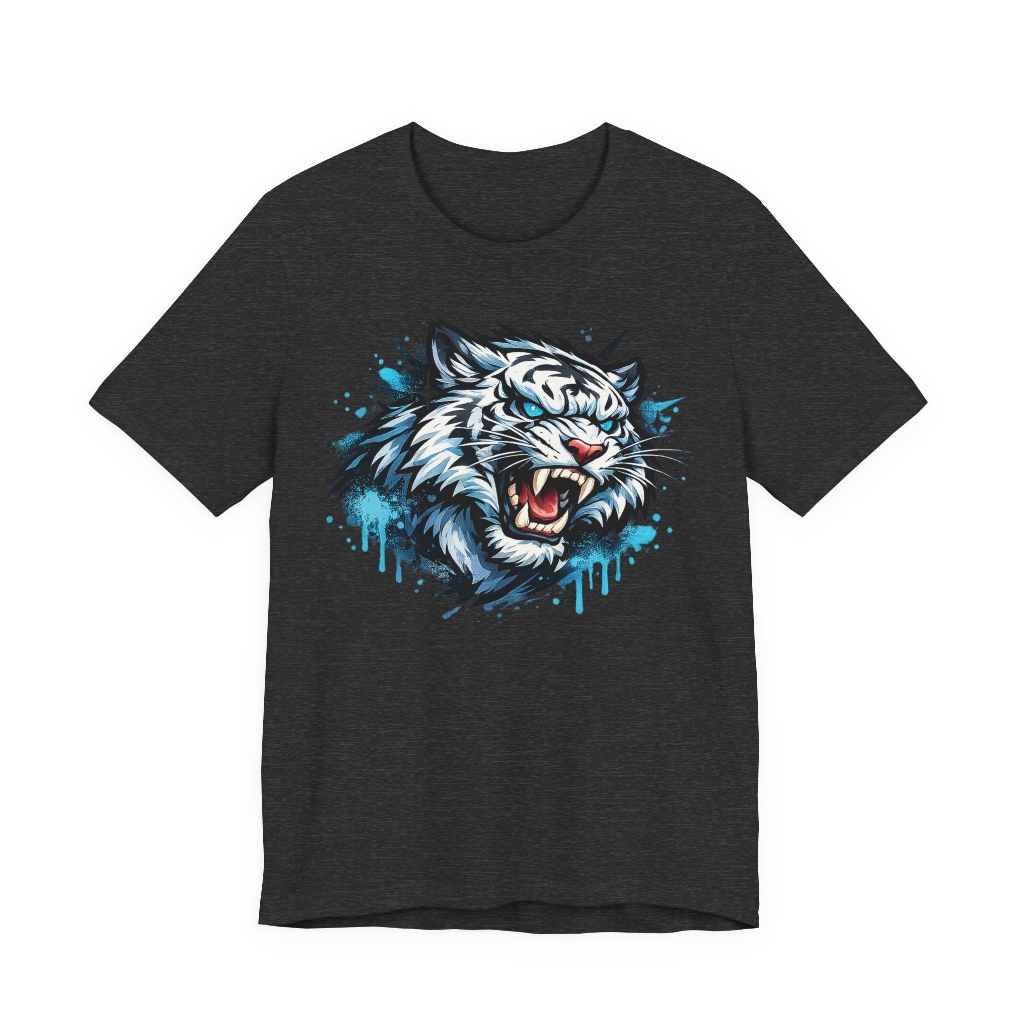 Dark charcoal unisex t-shirt with roaring tiger head graphic and blue drip print