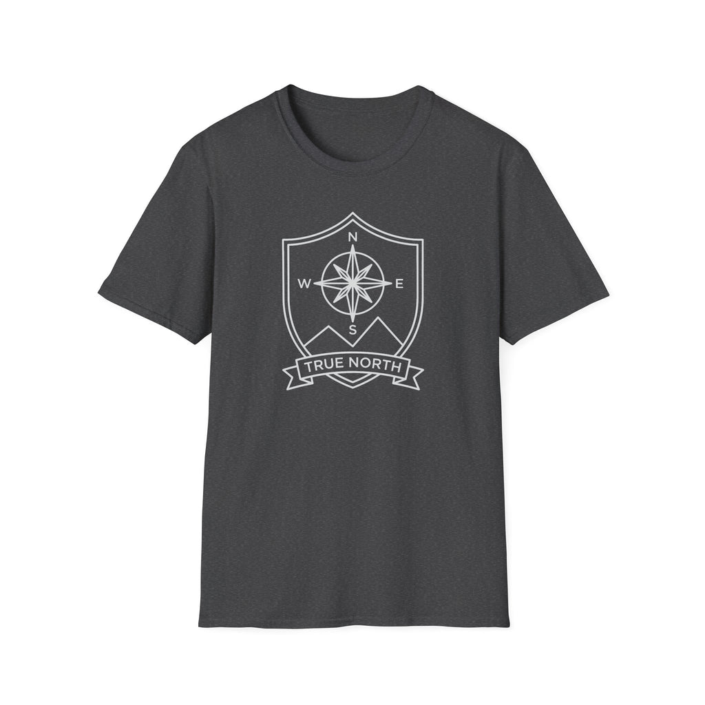 Dark charcoal gray compass shield T-shirt with compass rose emblem and True North ribbon