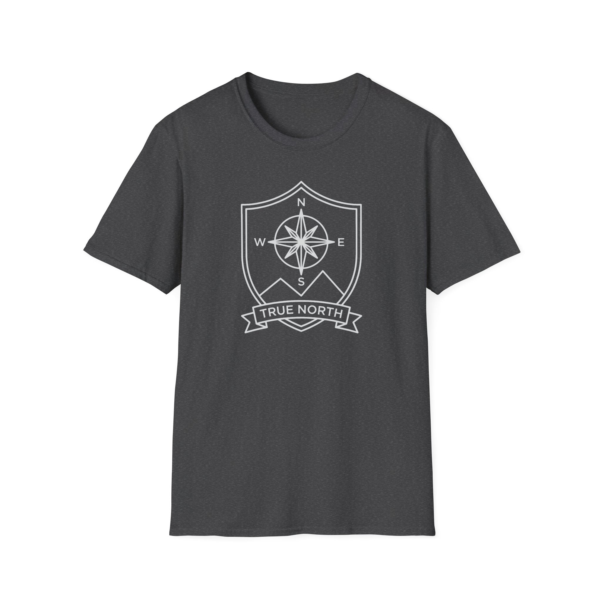 Dark charcoal gray compass shield T-shirt with compass rose emblem and True North ribbon