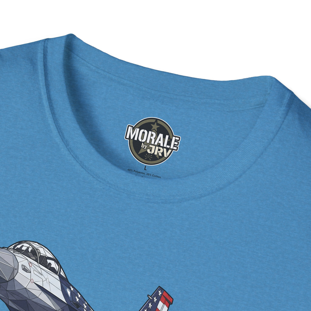 Light blue T-shirt neckline with “Morale by JRV” label