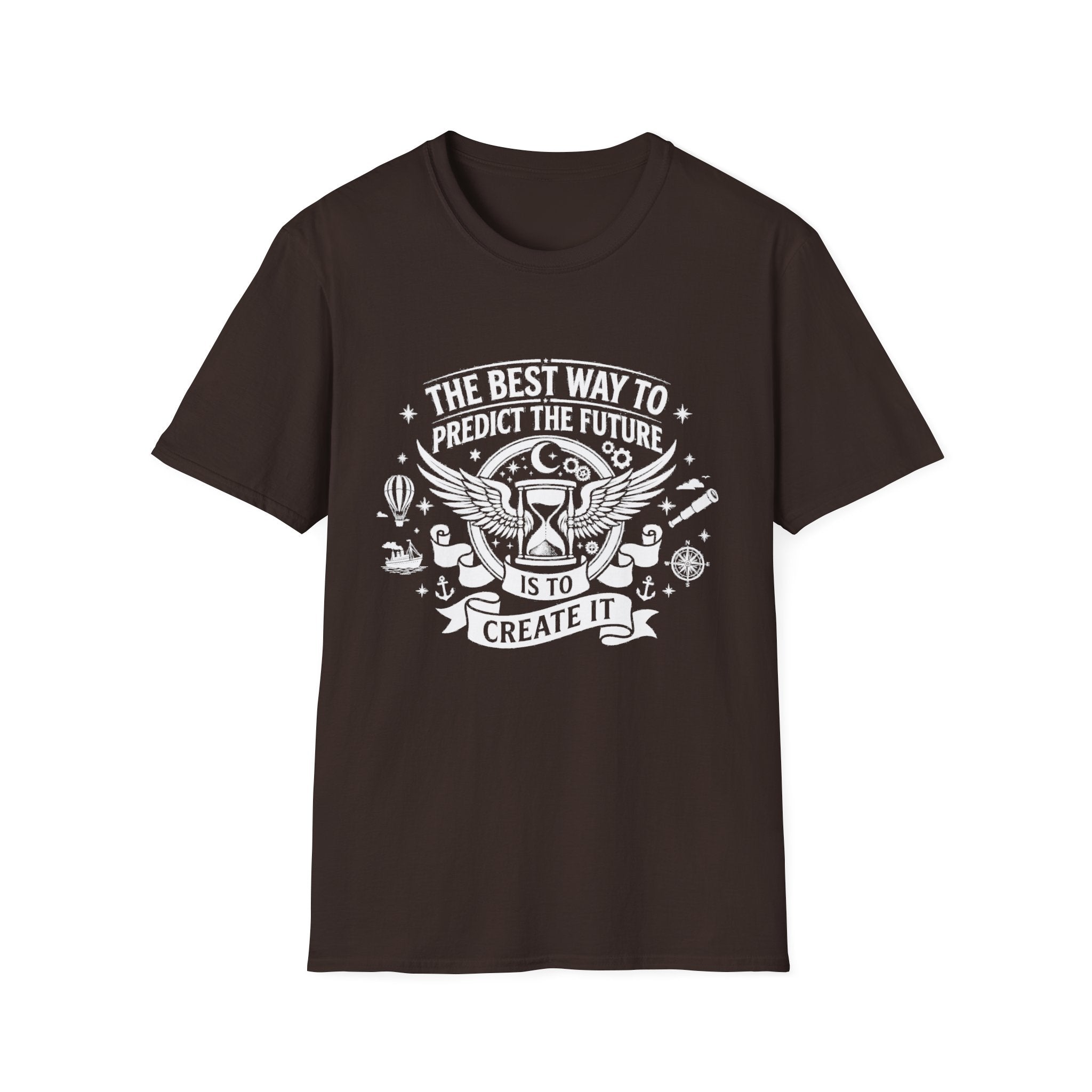 Dark Chocolate T-shirt with 'Create It' winged quote graphic on front