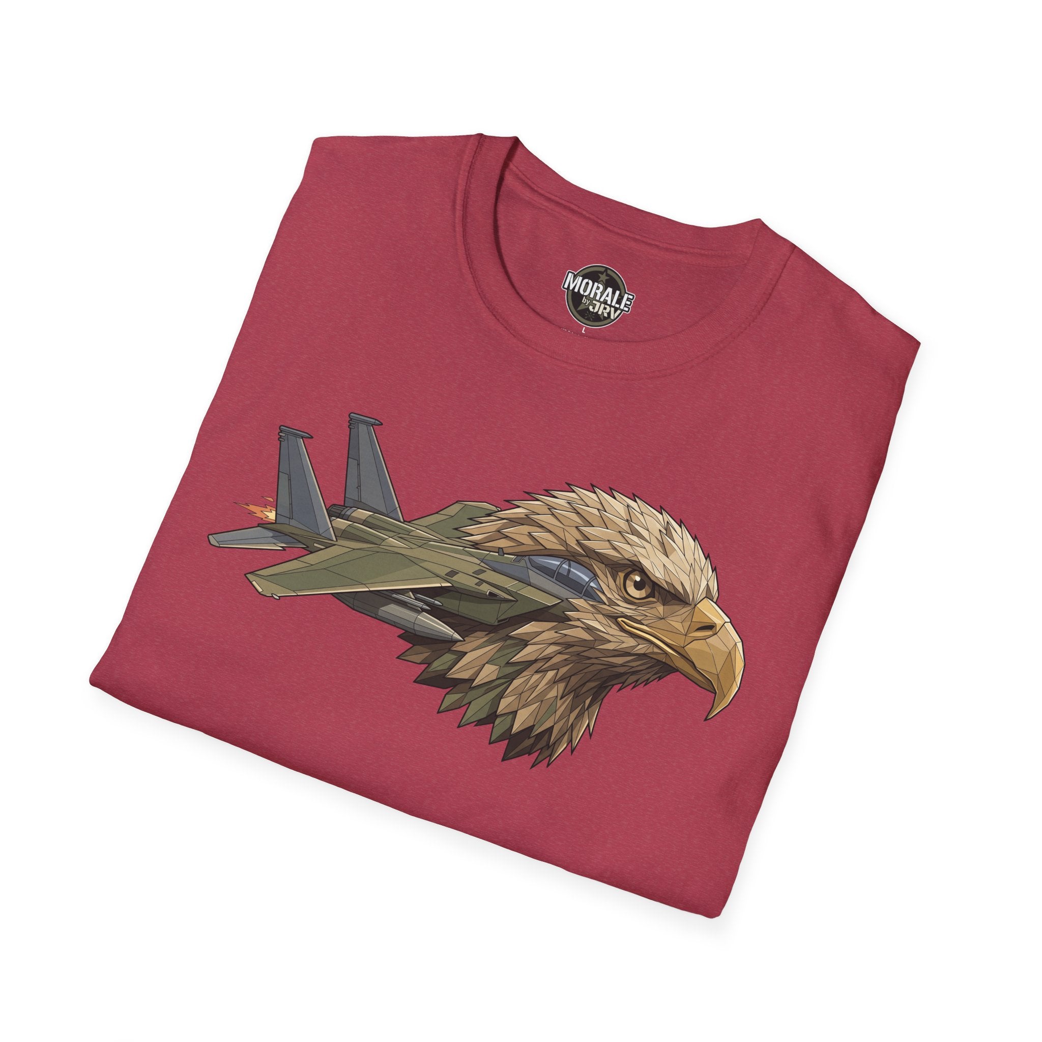 Burgundy graphic T-shirt with eagle head and fighter jet illustration