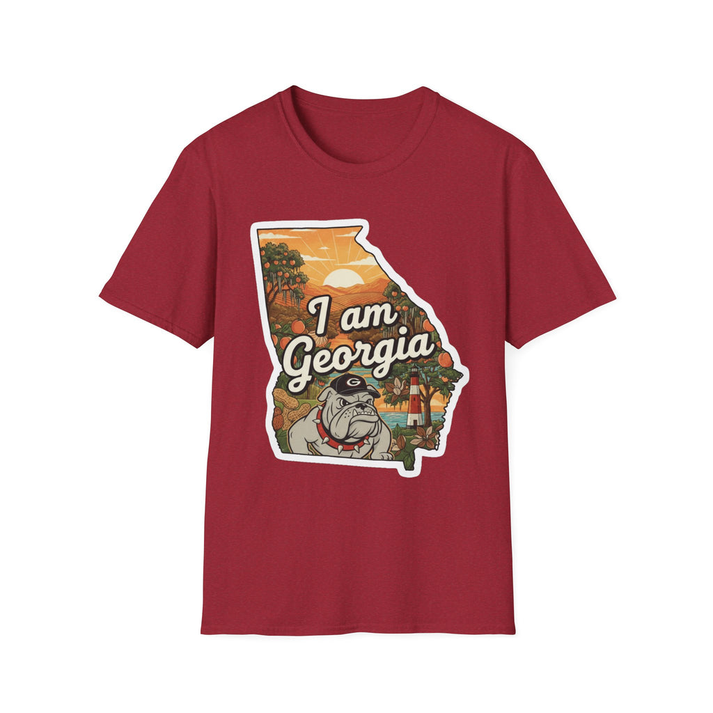 Burgundy T-shirt with Georgia map bulldog graphic and 'I am Georgia' lettering