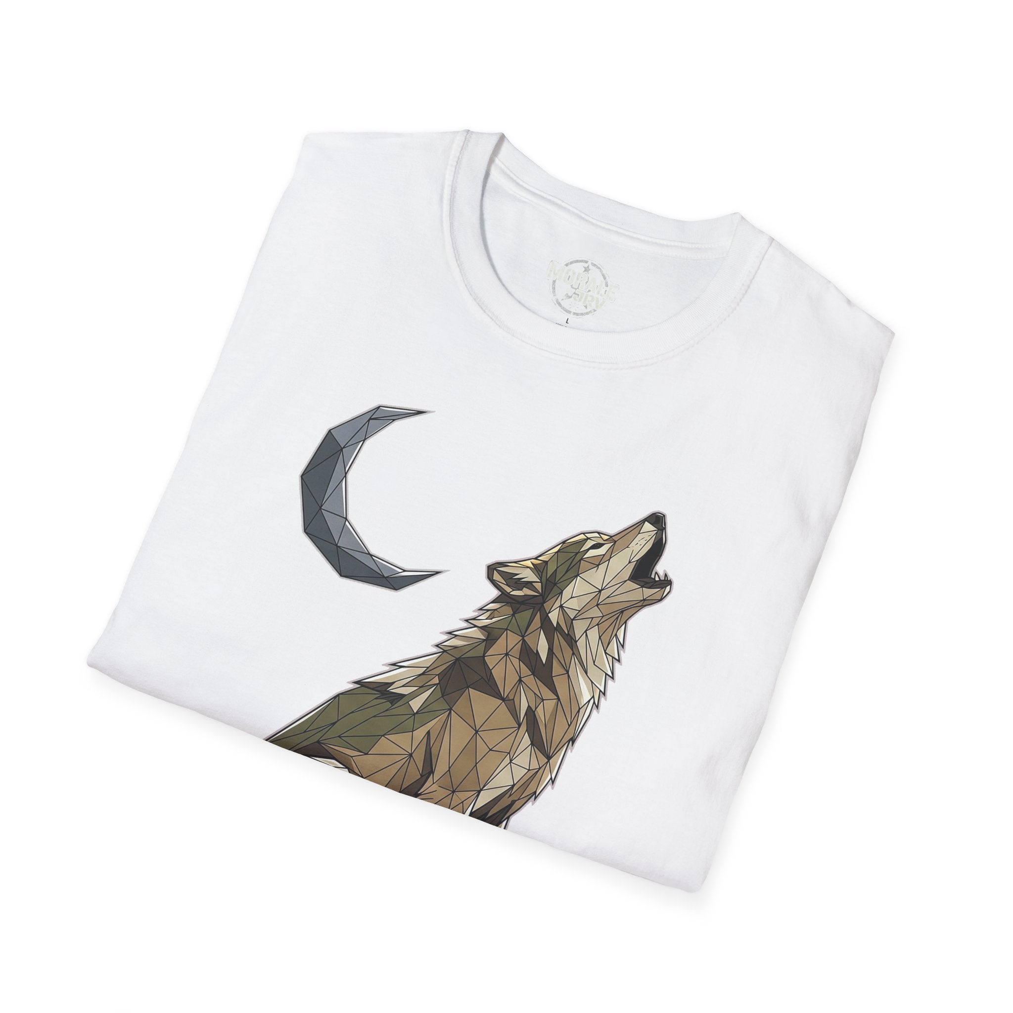 Lone Wolf T-shirt, white; geometric wolf and moon illustration on chest