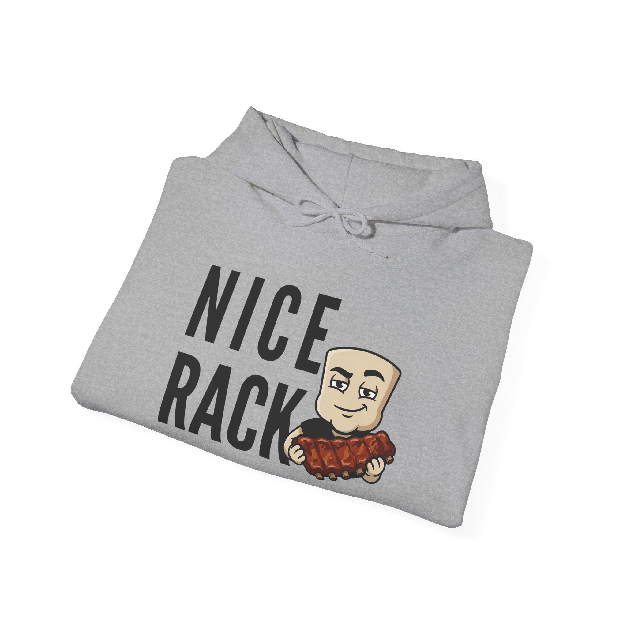 Nice Rack hoodie, heather gray with front graphic and “NICE RACK” text.