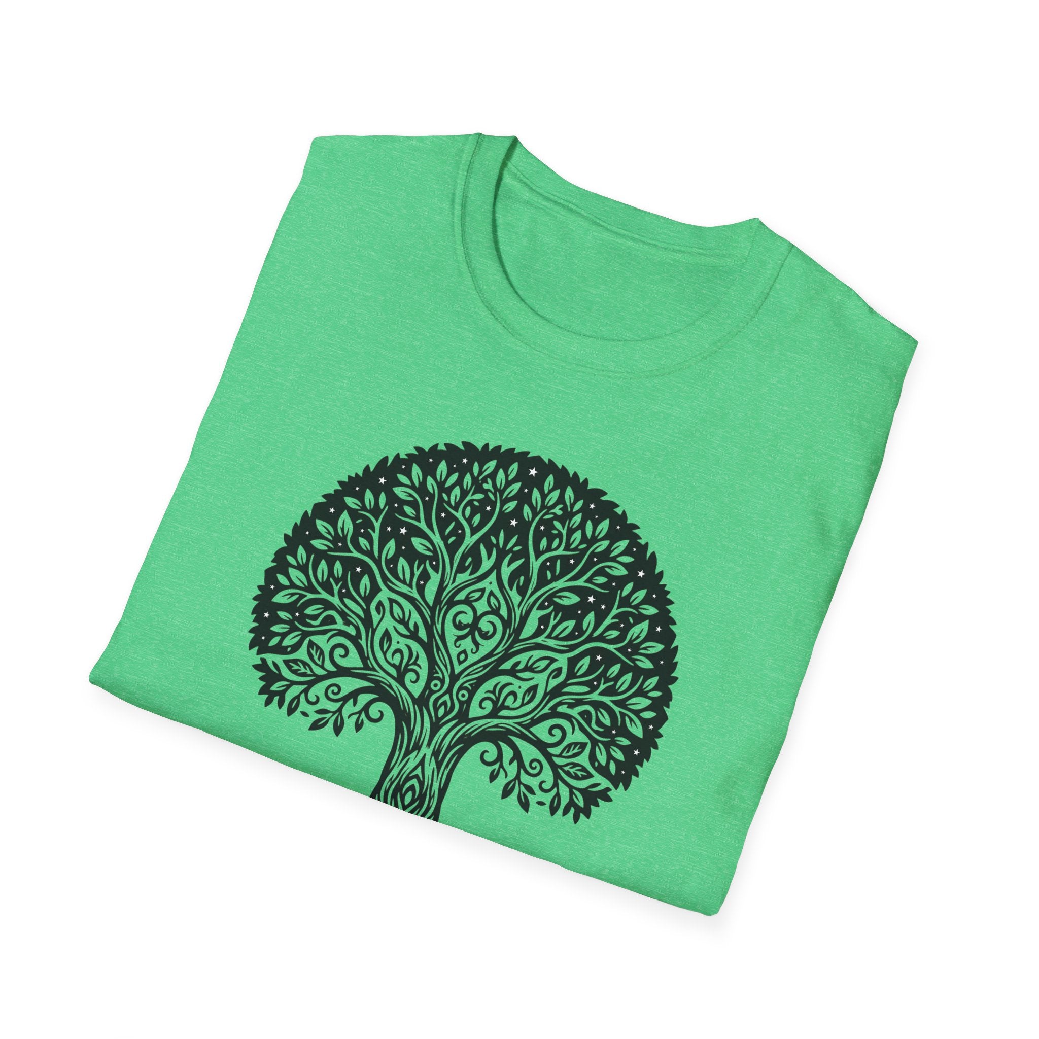 Heather Irish Green Tree of Life T-shirt, round tree graphic centered on chest