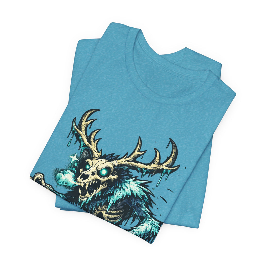 Teal unisex crewneck T-shirt with glowing skull deer monster graphic.
