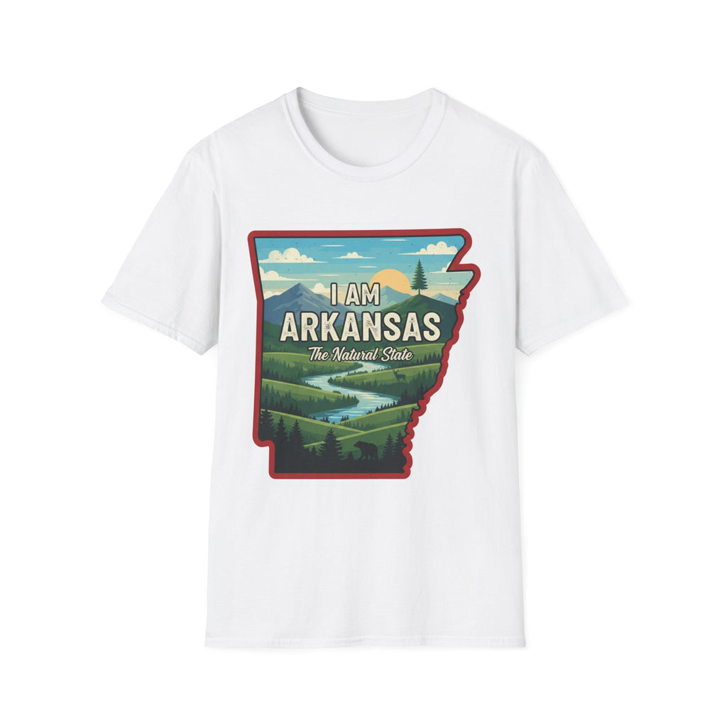 I AM Arkansas T-shirt in white with state-shaped landscape graphic and text