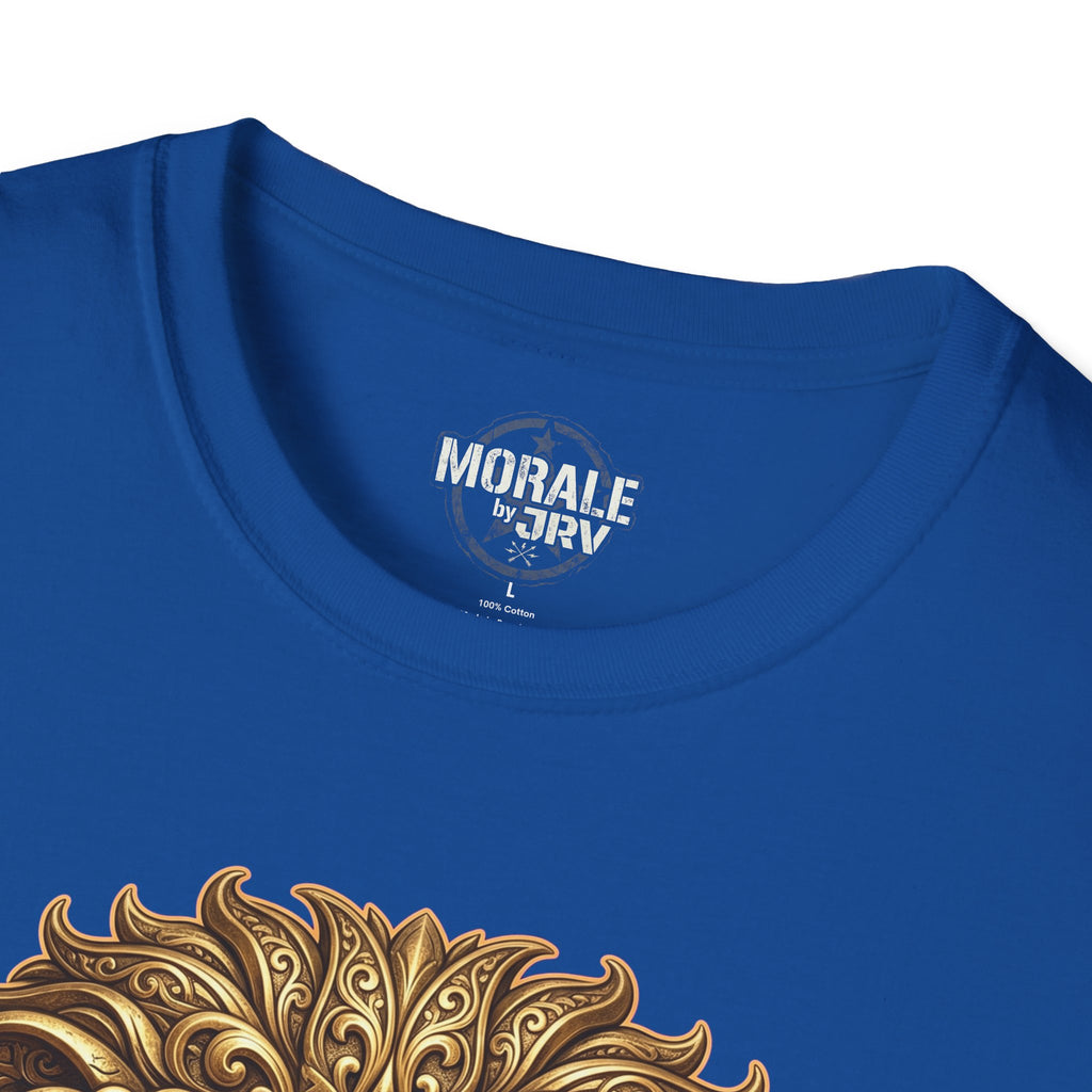 Royal blue t-shirt, crew neck with small logo and gold lion detail