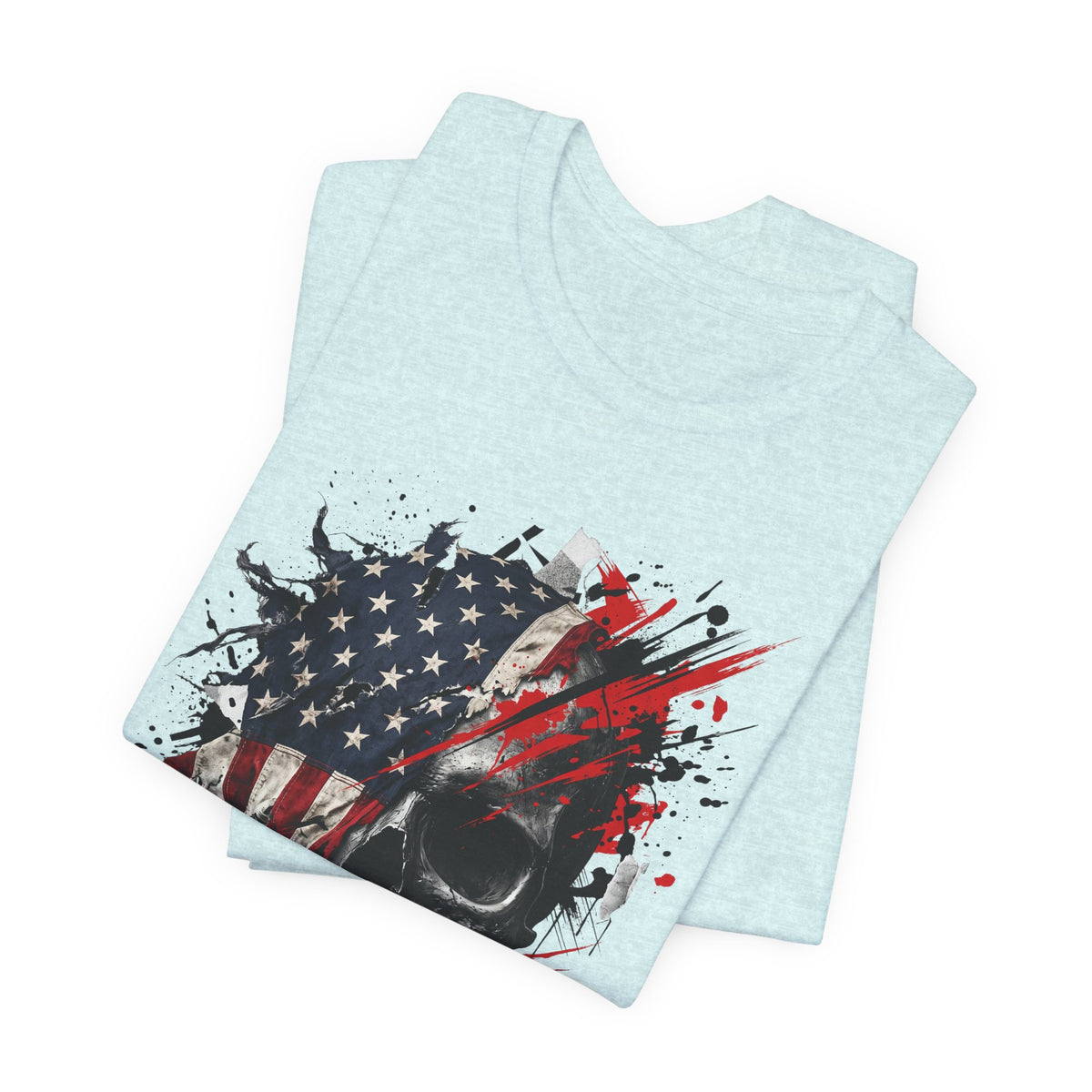 Light blue t-shirt with American flag skull graphic in red and black, folded