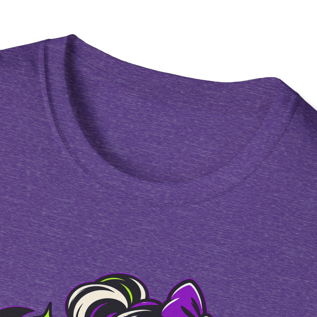 Purple Halloween t-shirt close-up showing neckline and top of a monster graphic