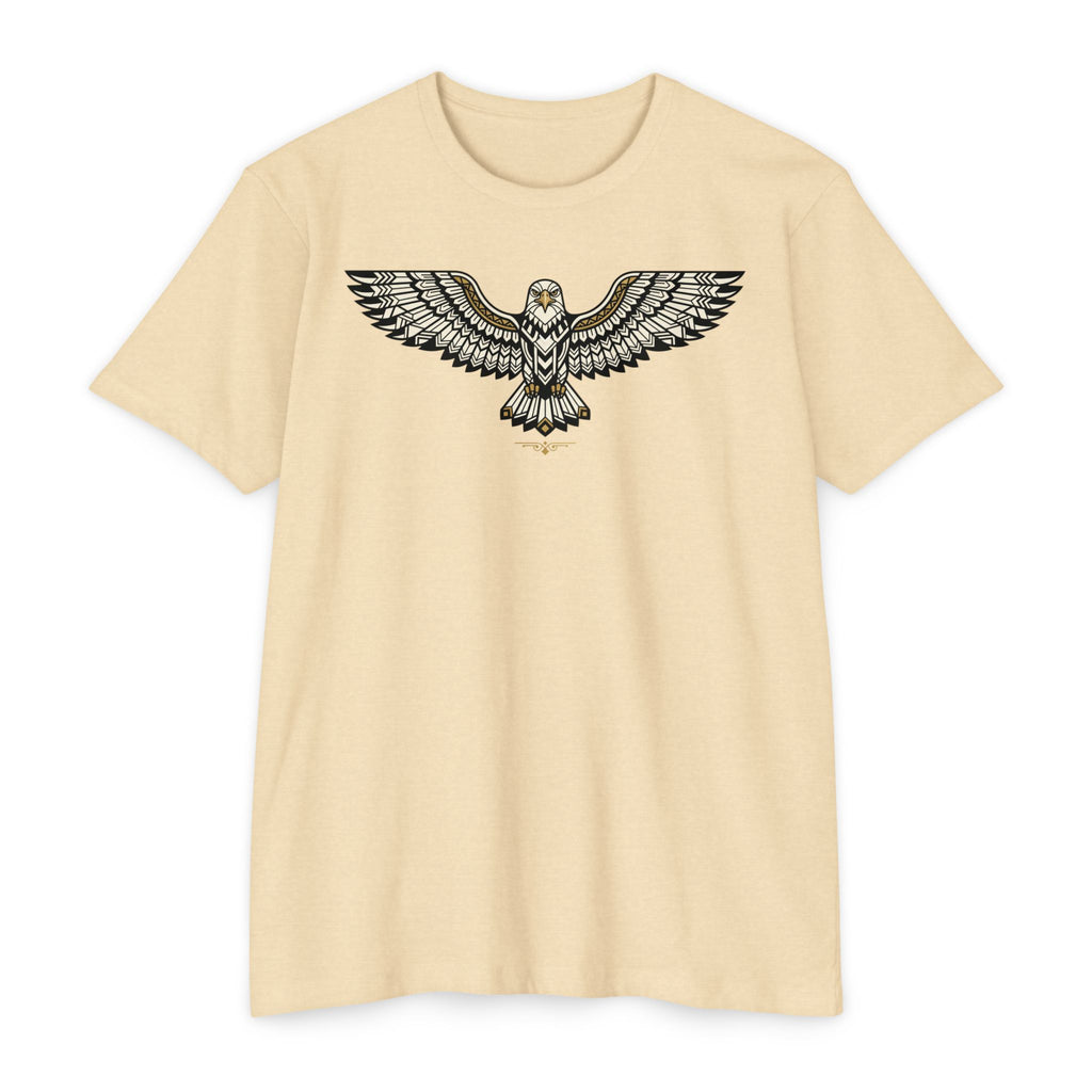 Cream T-shirt with centered owl wing illustration graphic across the chest