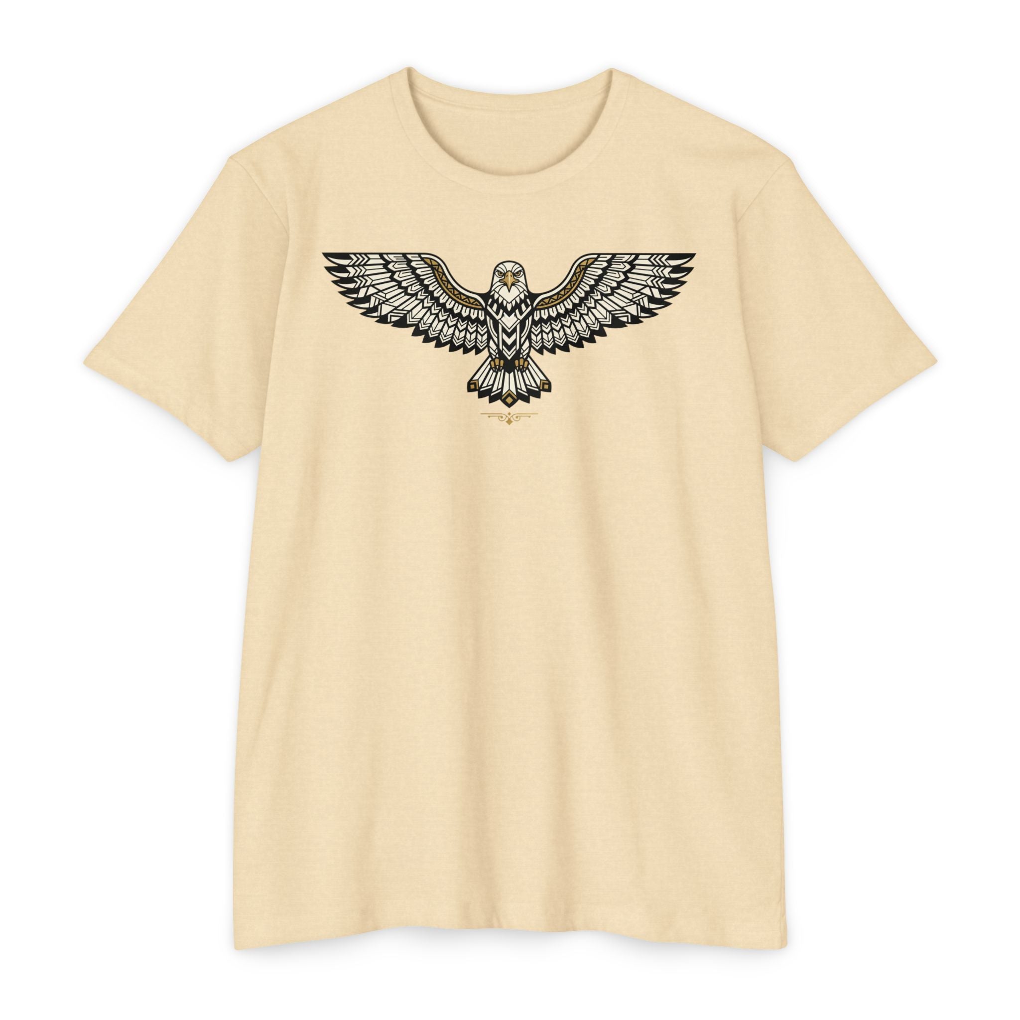 Cream T-shirt with centered owl wing illustration graphic across the chest