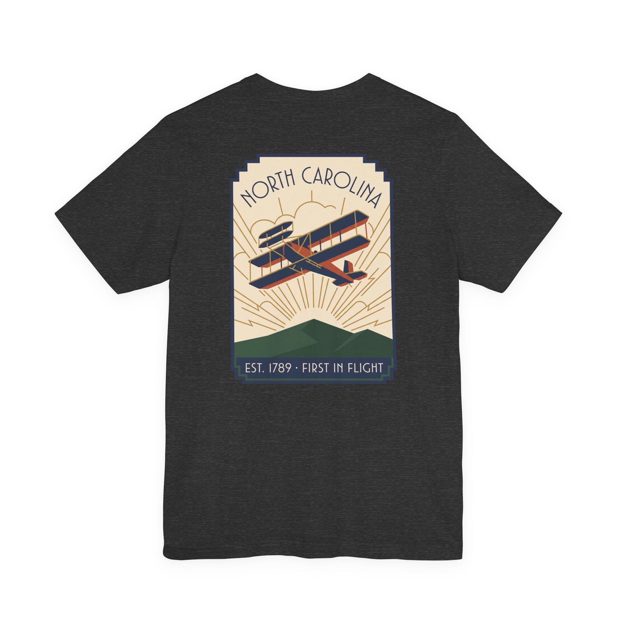 Dark charcoal T-shirt with large North Carolina biplane graphic on the back