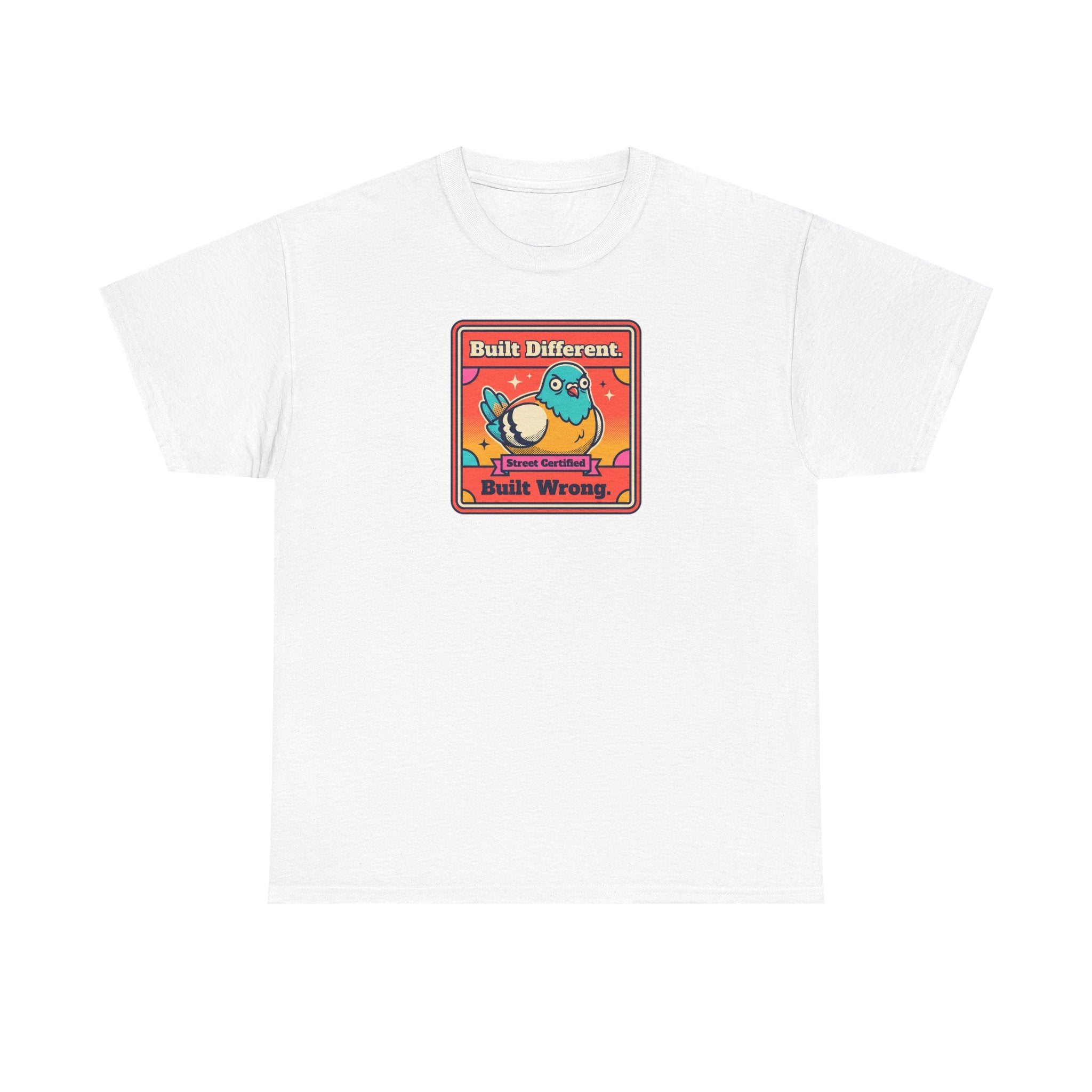 White t-shirt with framed bird graphic, 'Built Different' and 'Built Wrong' text.