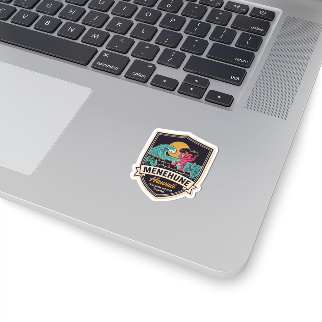 Menehune Hawaii badge kiss-cut sticker with colorful island legend logo, white border
