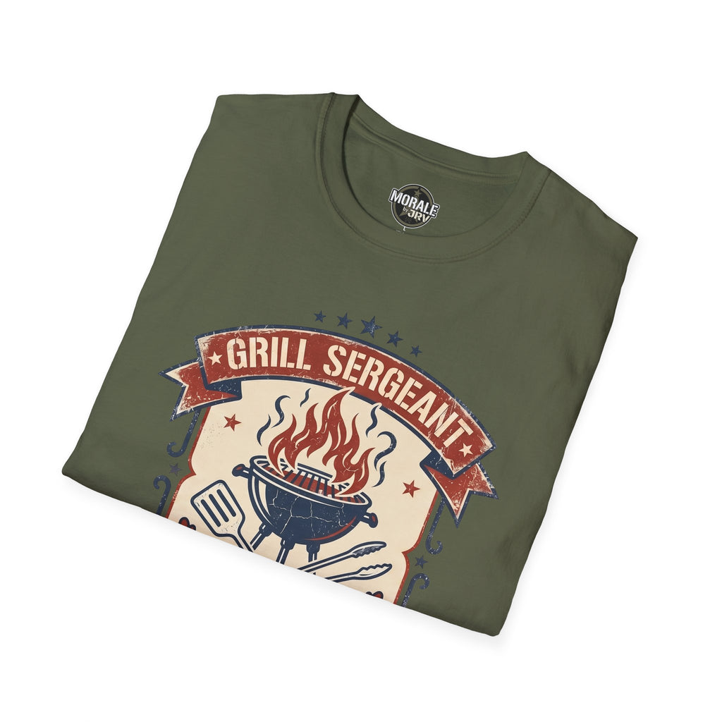 Military green Grill Sergeant graphic t-shirt with “GRILL SERGEANT” and BBQ flames