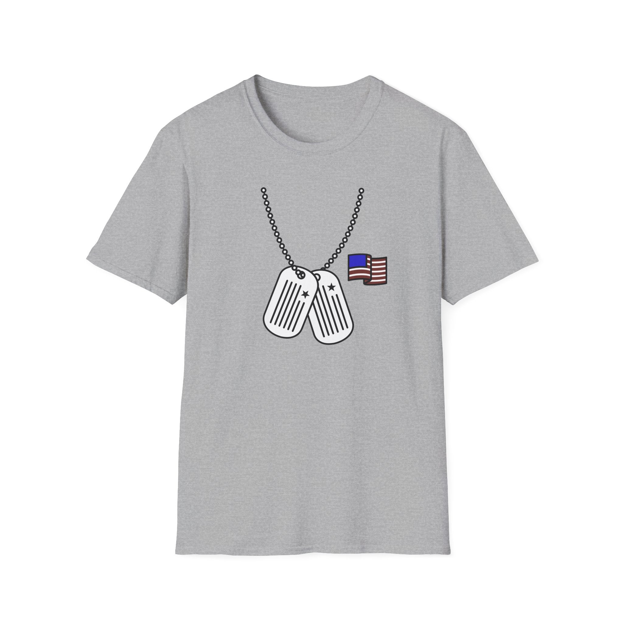 Sport gray T-shirt with dog tag chest graphic and American flag