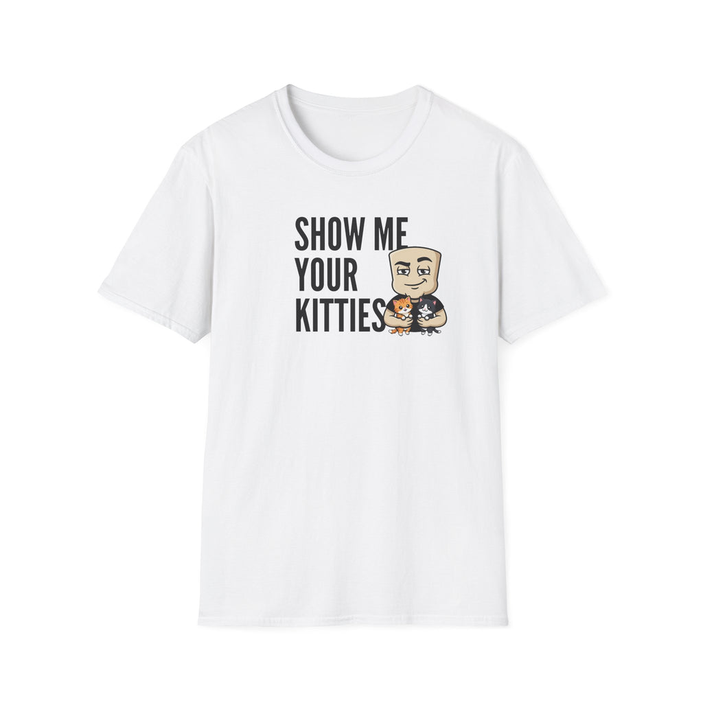 White crew-neck T-shirt with "SHOW ME YOUR KITTIES" cat graphic.