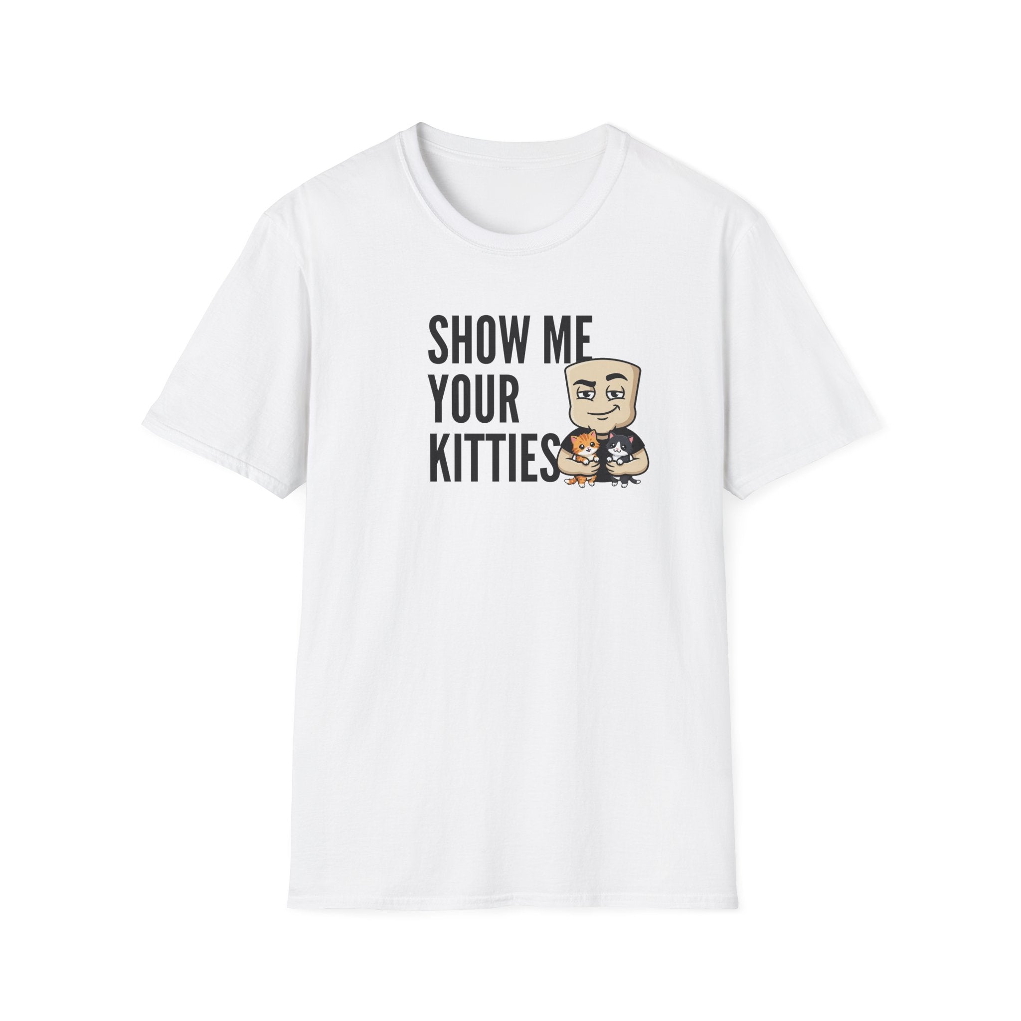 White crew-neck T-shirt with "SHOW ME YOUR KITTIES" cat graphic.