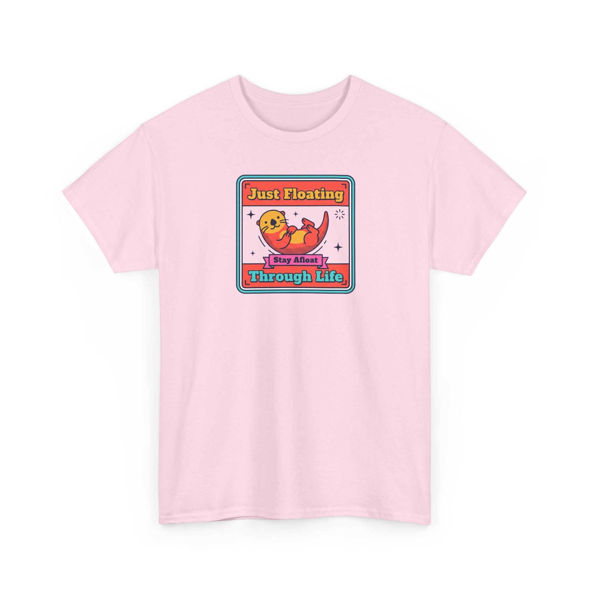 Light pink crew-neck T-shirt with cartoon otter graphic patch on chest