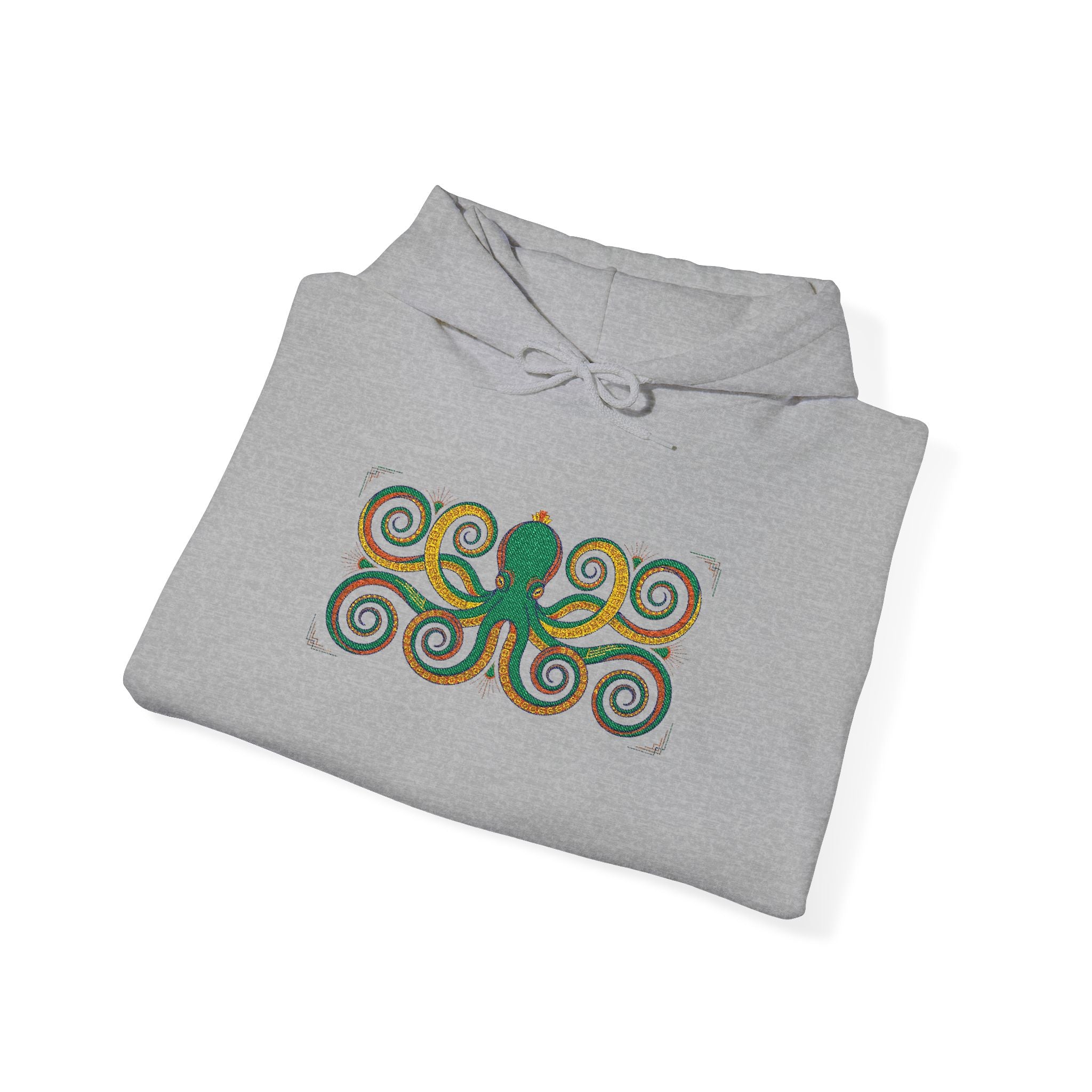 Gray hoodie with colorful octopus spiral graphic on front, drawstring hood
